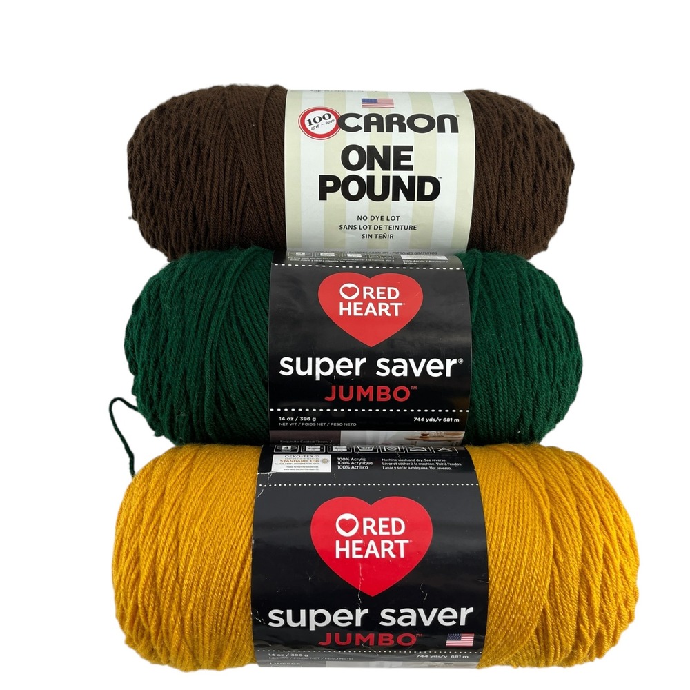 Caron One Pound & Red Heart Super Saver Jumbo Yarn Lot Hunter Gold Espresso